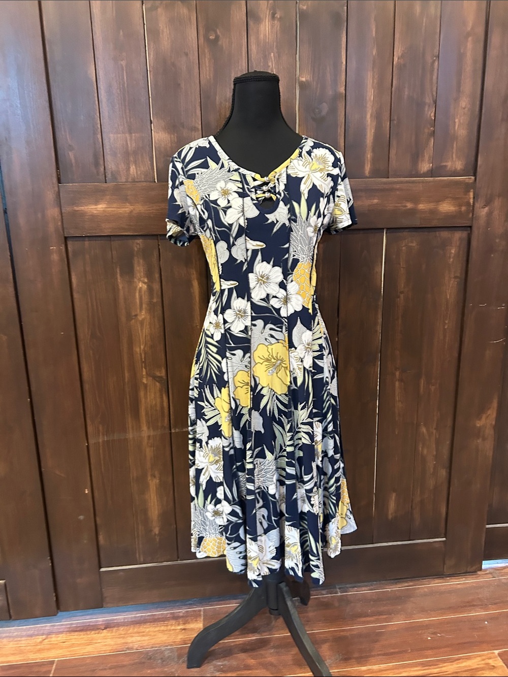 Sami & Jo Navy Floral Midi Dress with Yellow Accents